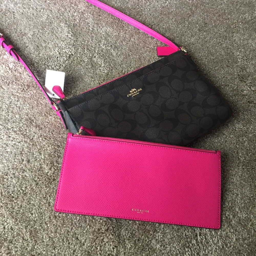 NWT Signature PVC Brown Neon Pink Crossbody Bag